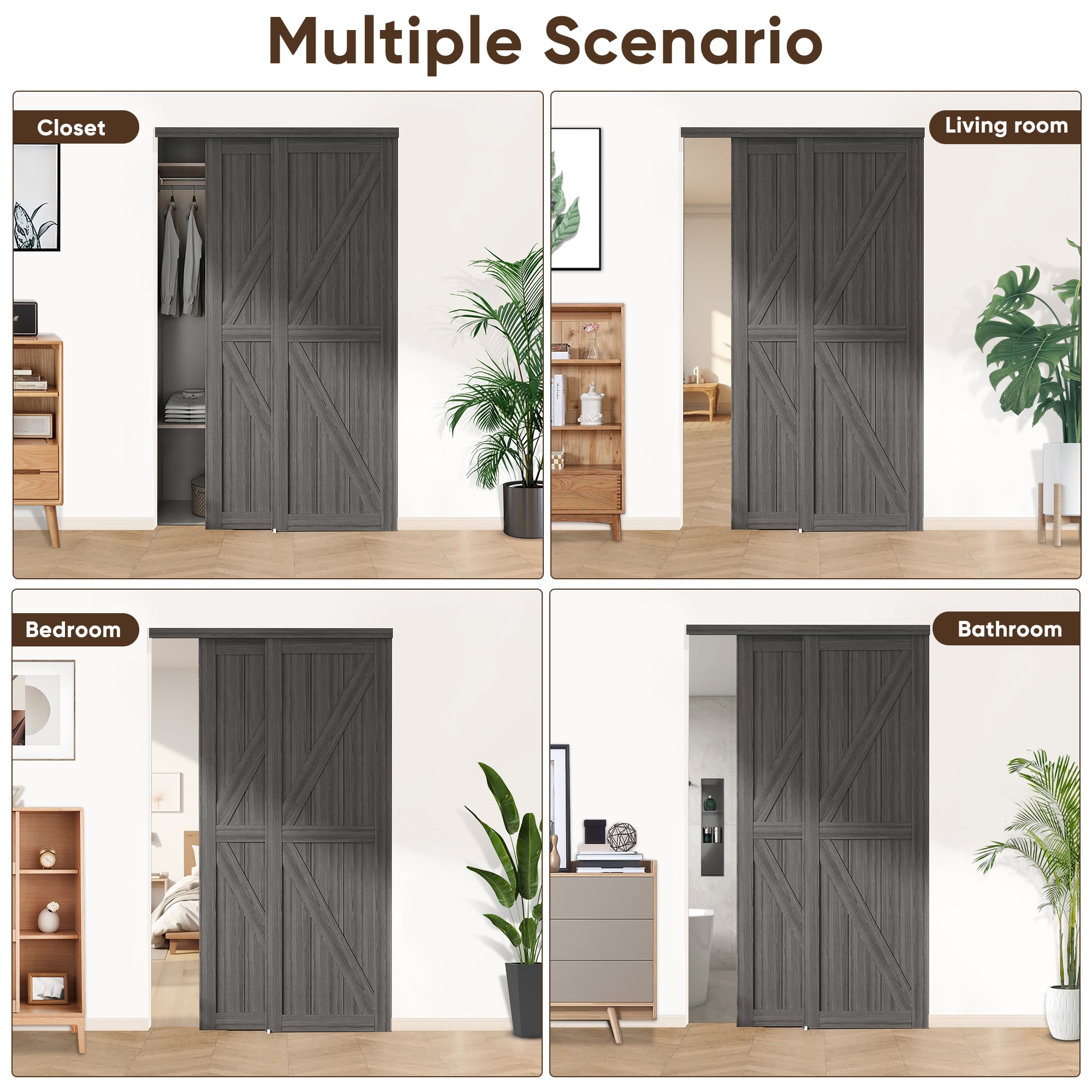 JUBEST 60"(Double 31") X80" Sliding Closet Door, K Style Bypass Closet Door With Hardware Kit & Matching Fascia, Preassembled Solid Wood Slab With Water-Proof PVC Surface, Easy To Install, Gray_voghion.com